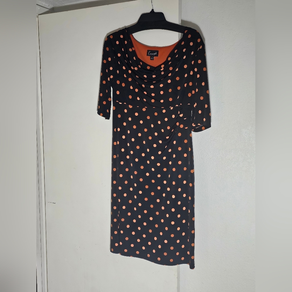 NWOT Connected Apparel Black w Orange Polka Dots Tina Cowl Neck Dress